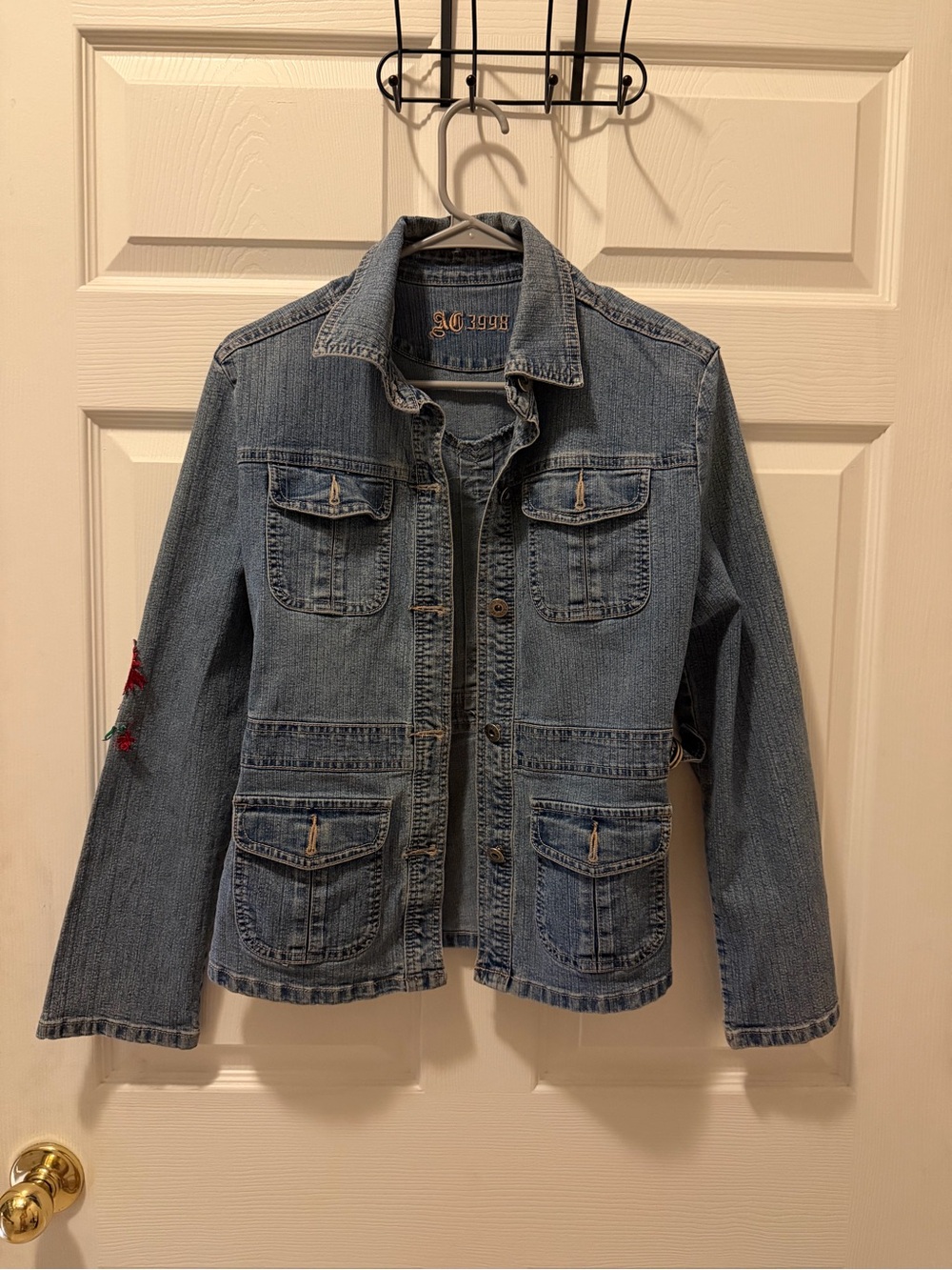 Light Blue Denim Jacket with Embroidered Sleeve - Women's Jean Jacket